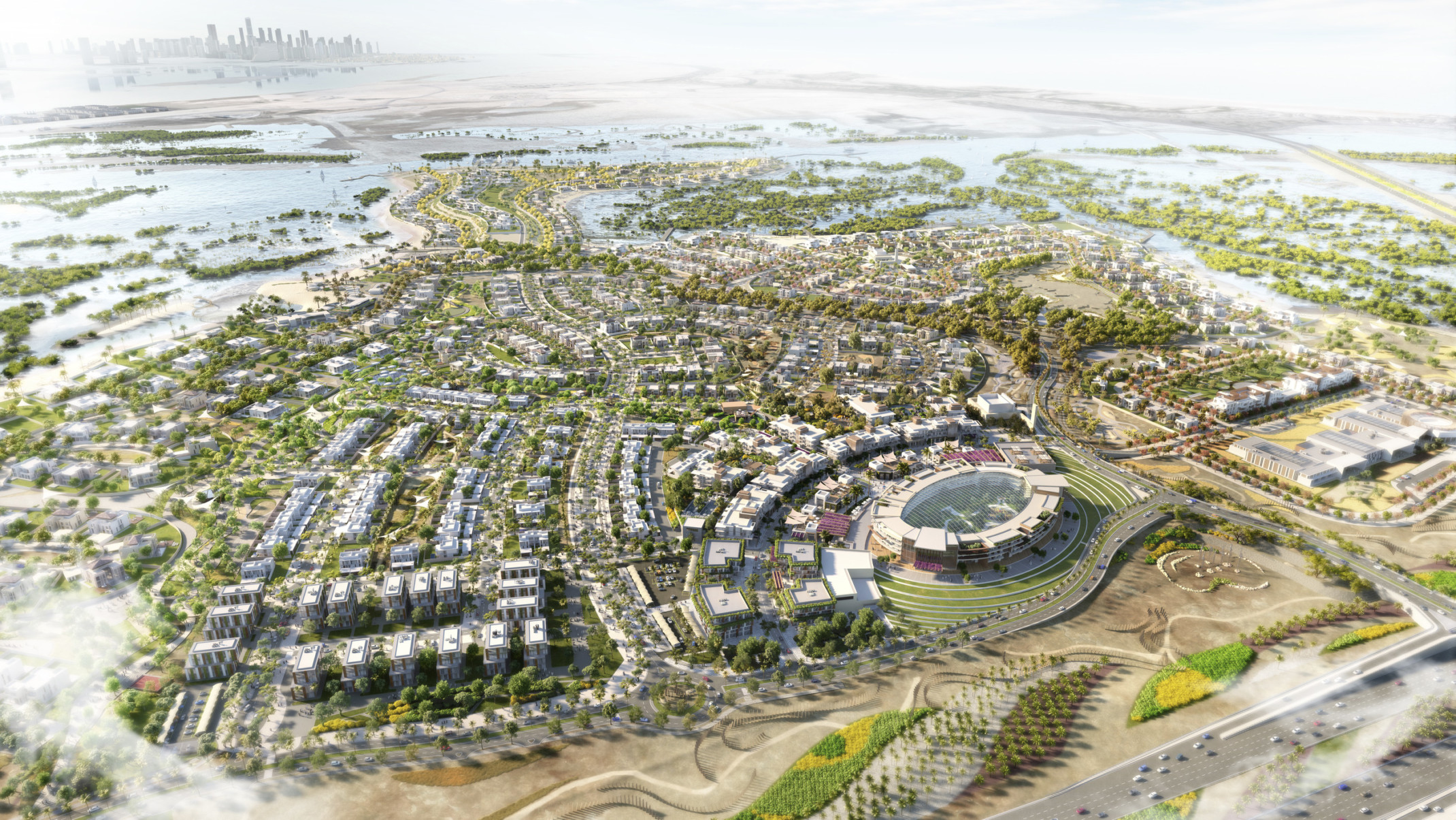 Jubail Island aerial view rendering with buildings surrounded by greenery, water adjacent Jubail Island aerial view rendering with buildings surrounded by greenery, water adjacent