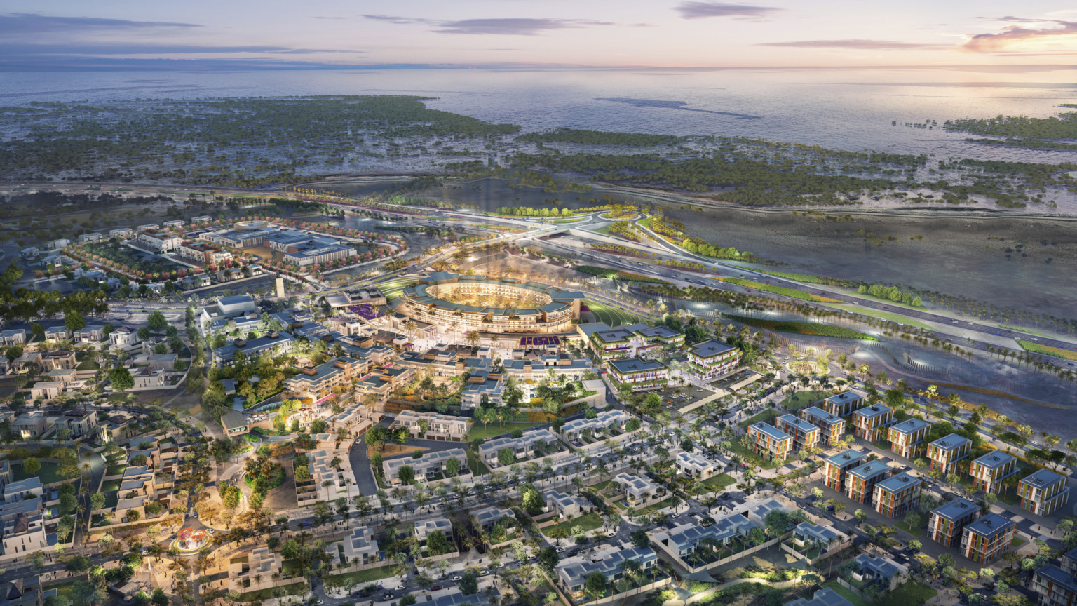design concept for a large mixed use development; aerial view of dusk on a development