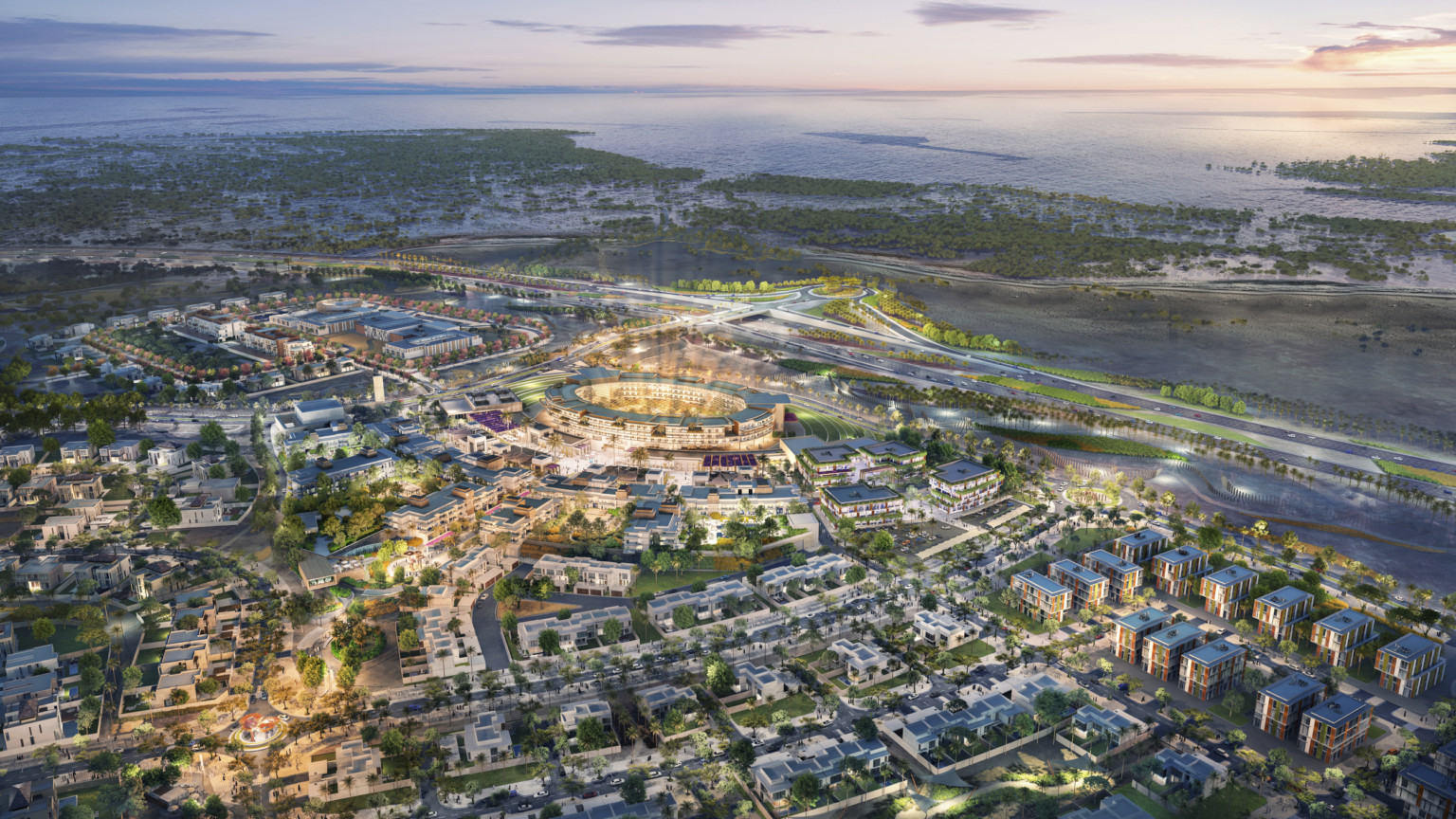 design concept for a large mixed use development; aerial view of dusk on a development design concept for a large mixed use development; aerial view of dusk on a development