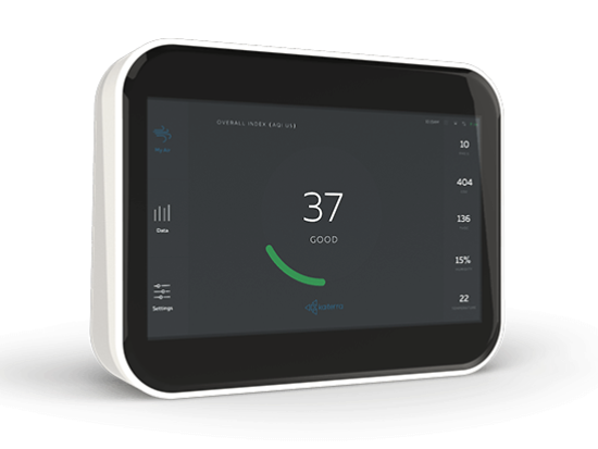 Close up view of a white Indoor Air Quality monitor with a healthy reading. Viewing option buttons on either side of screen