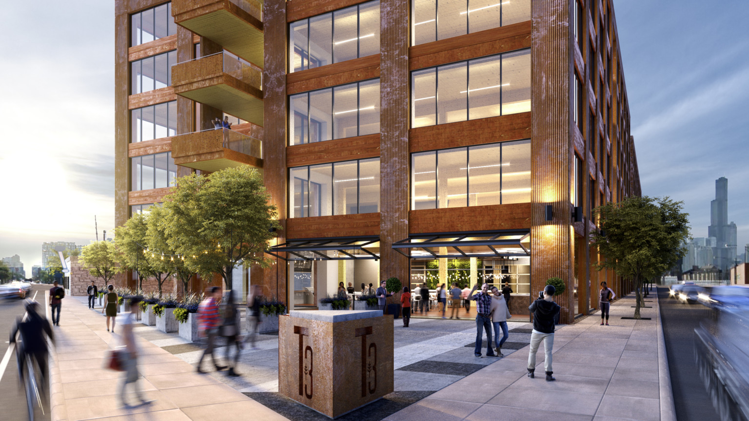 design concept for a mass timber building in chicago, warm copper exterior