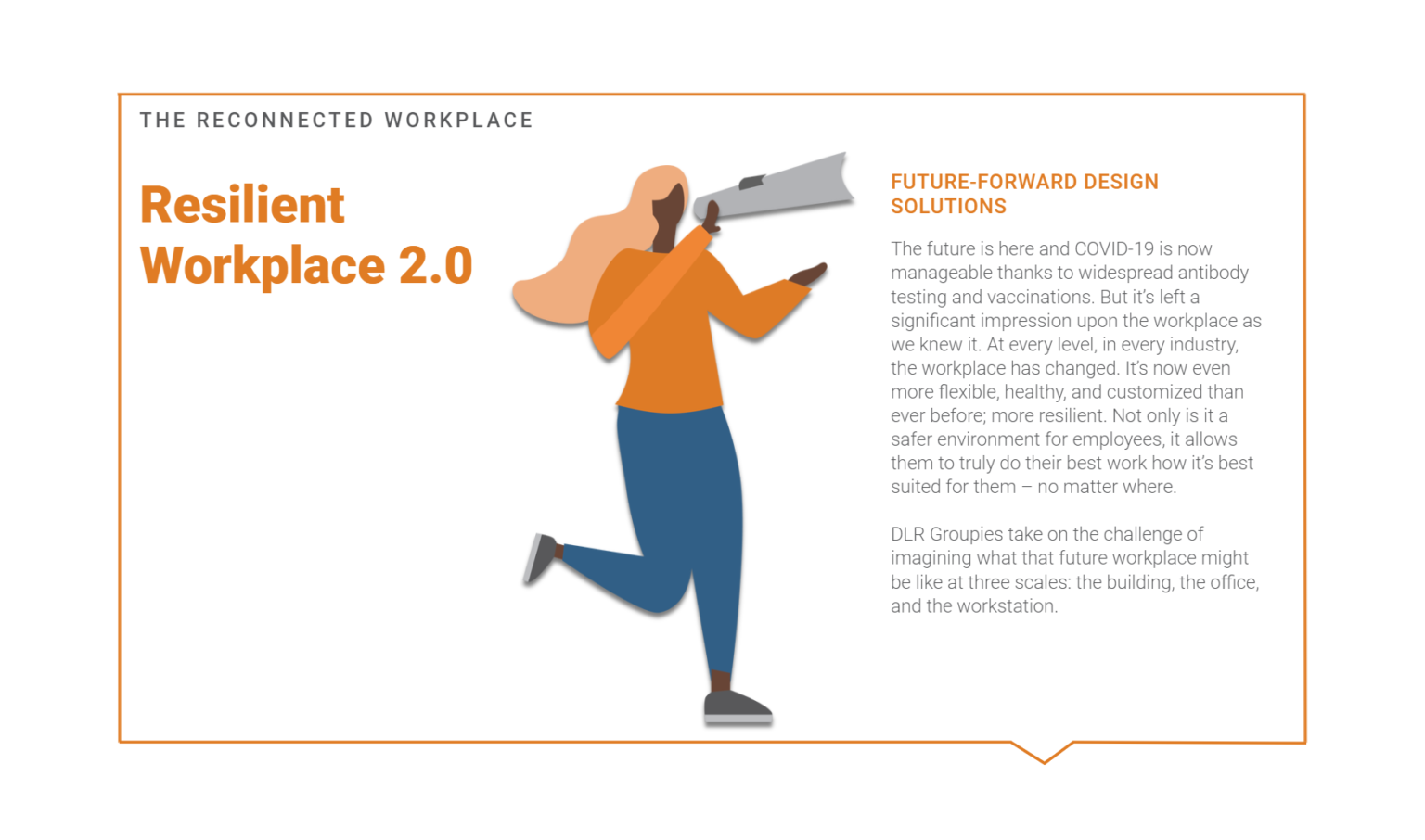 Infographic titled Resilient Workplace 2.0, the Reconnected Workplace, discussing Future Forward Design Solutions