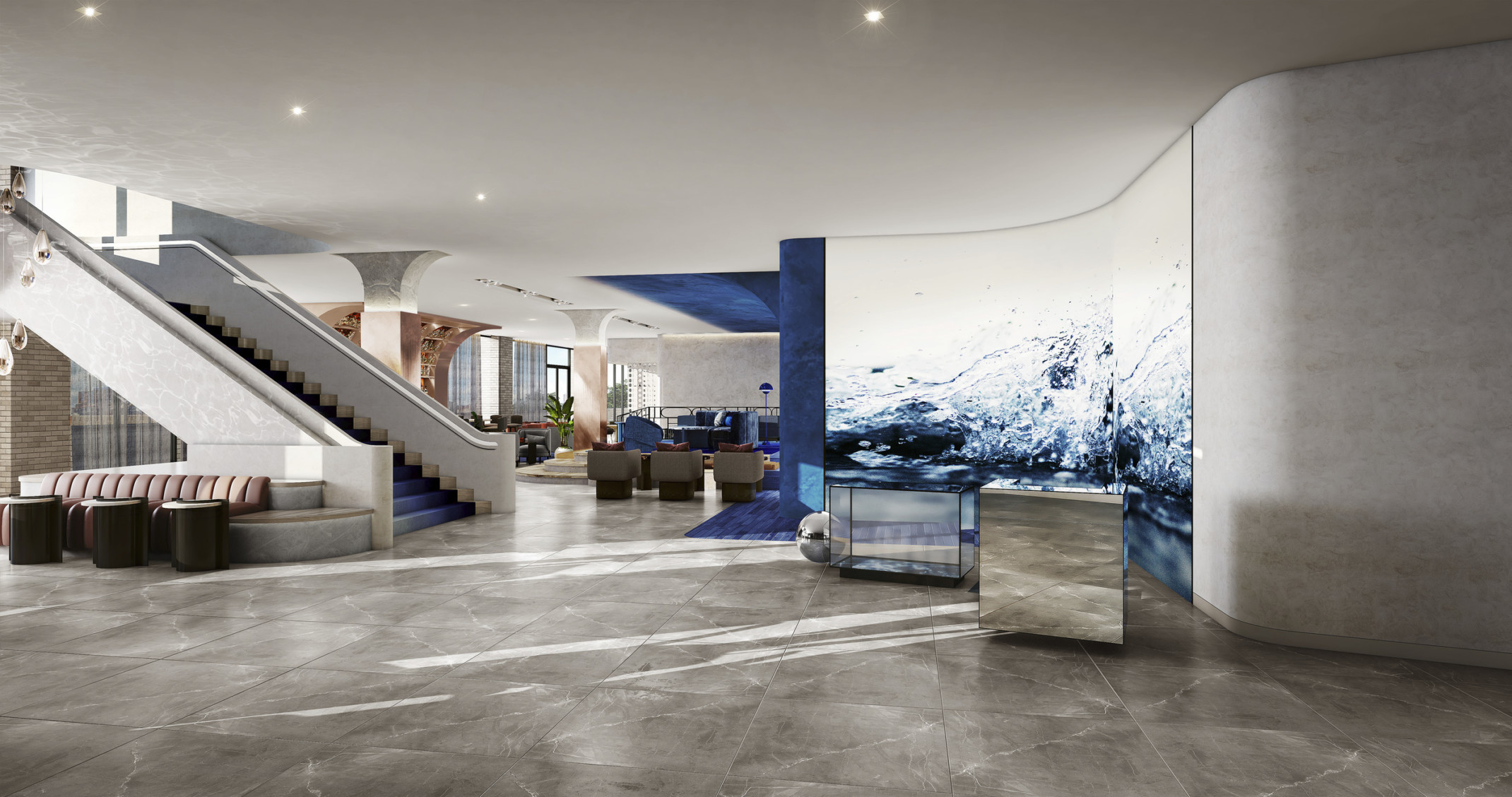 hotel lobby with abstracted water mural and blue and white sculptural walls and columns