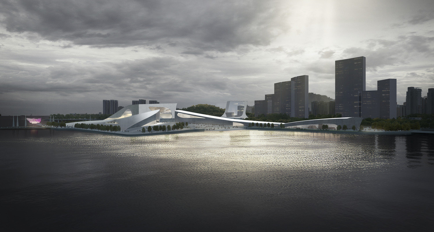 a beam of sunlight breaking through a dark cloudy sky over the design proposed for the shenzhen opera house in shenzhen china
