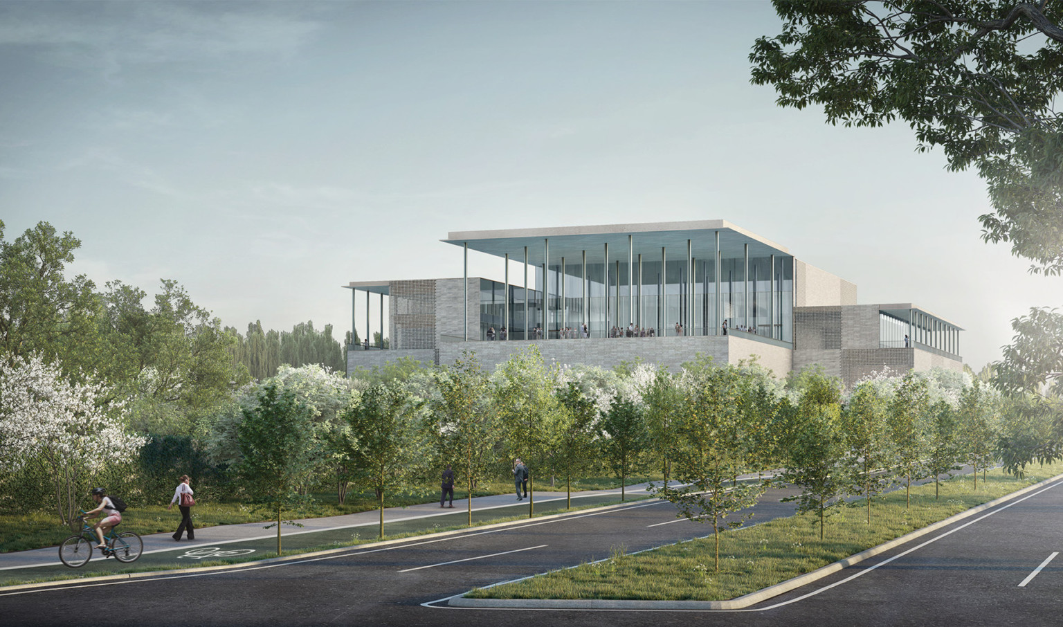 rendering of world's seventh ismaili center; a glass and stone building with a second level terrave overlooking a green park