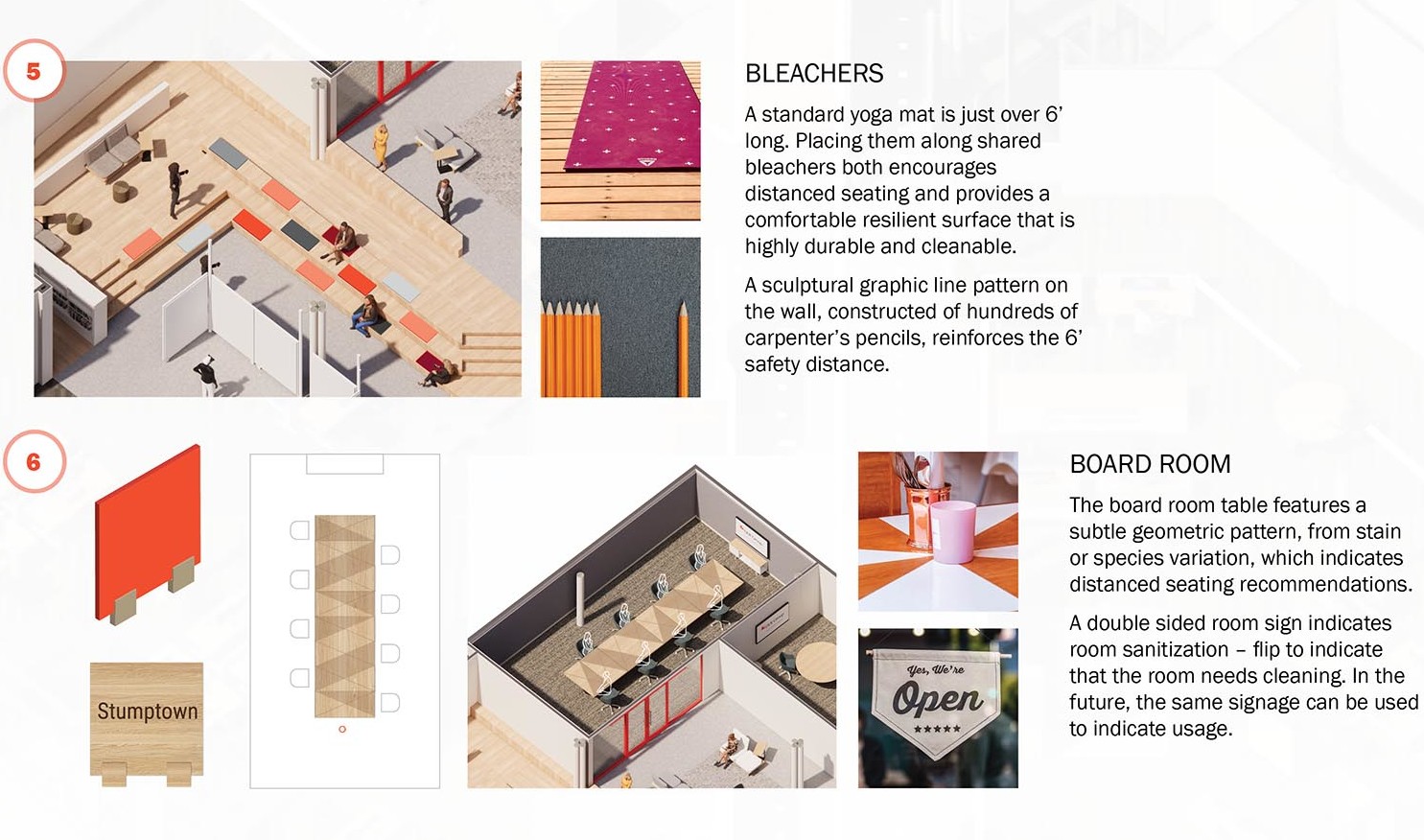 Legend for previous image. Top explains yoga mats on bleachers for comfortable distanced seats, boardroom sign ideas below Legend for previous image. Top explains yoga mats on bleachers for comfortable distanced seats, boardroom sign ideas below
