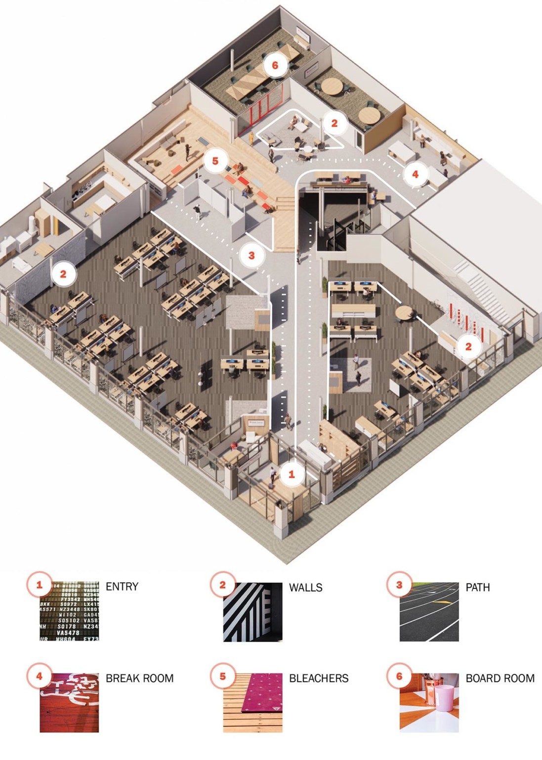 Aerial view rendering looking into layout of office with numbered sections with legend below