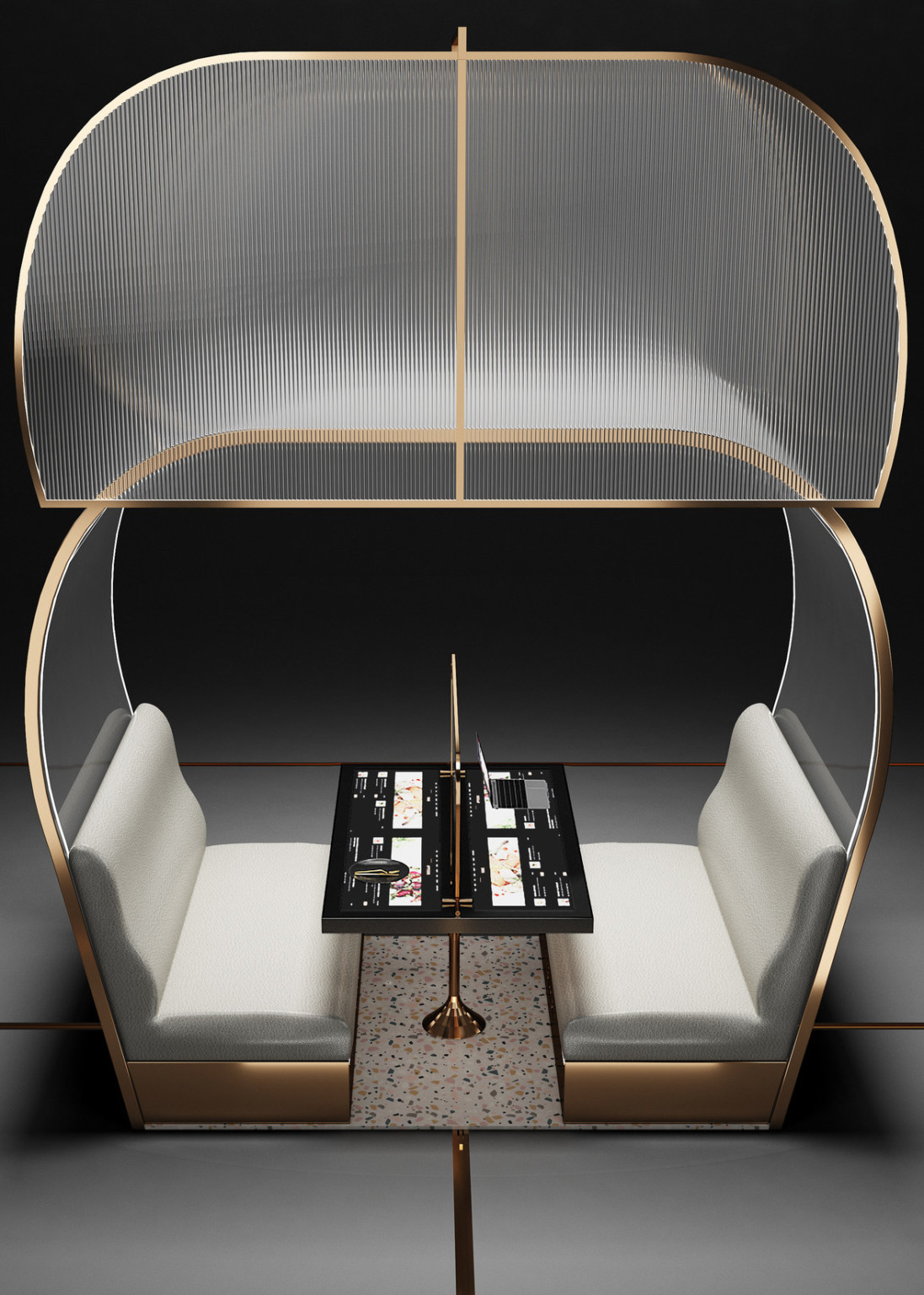White and gold booth with rounded canopy. Ribbed, translucent side walls are raised, with view of black table with partition