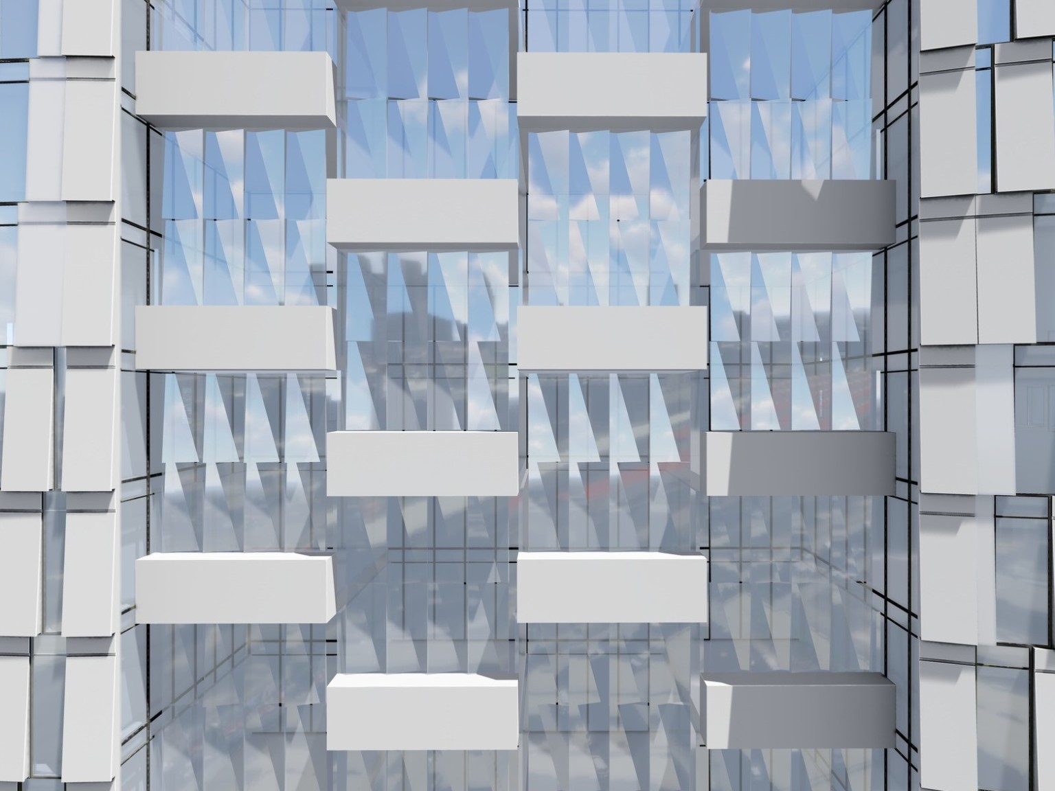 Close up view of recessed building section. White boxes hang, alternating, from window, creating a textural pattern and shade