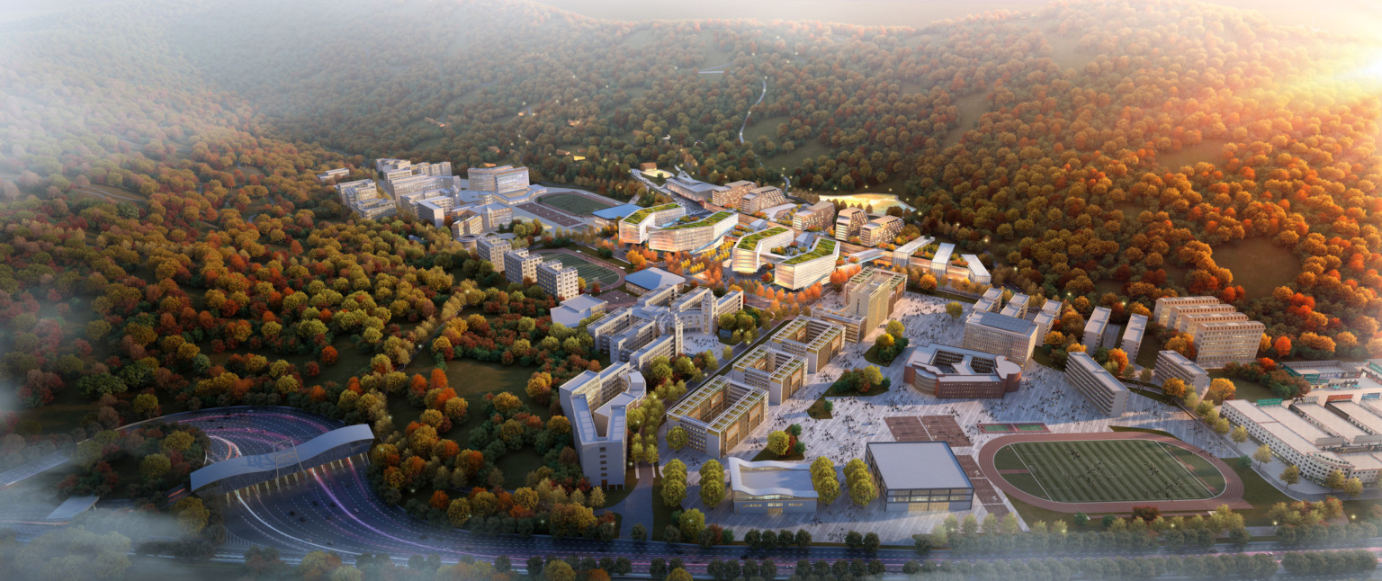 Aerial view of the site with teaching buildings, exhibit hall, auditorium, library, sports hall, dormitories, and landscaping