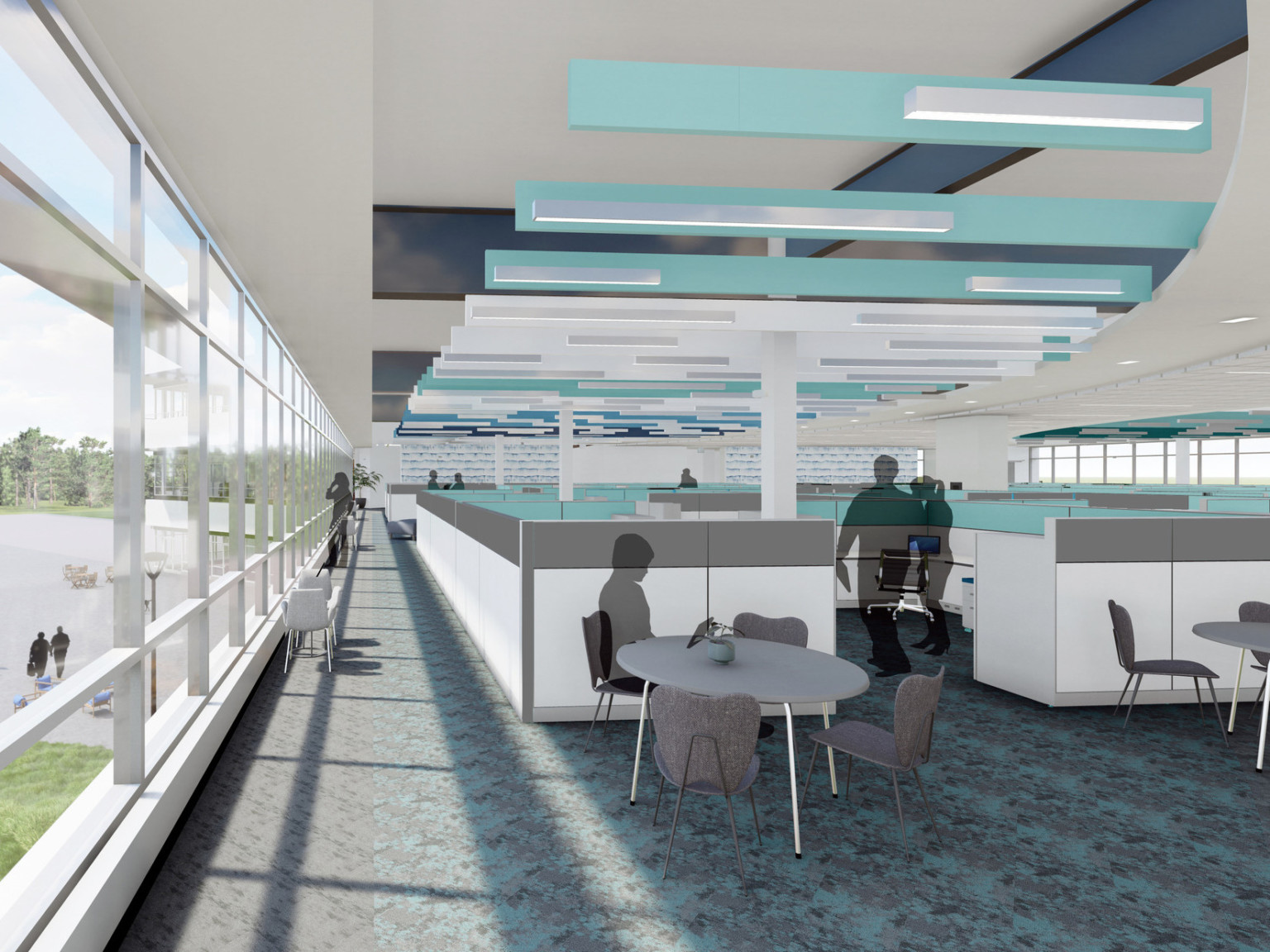 Upper level open plan office with cubicles, right, and floor to ceiling windows facing water, left. Slat ceiling details