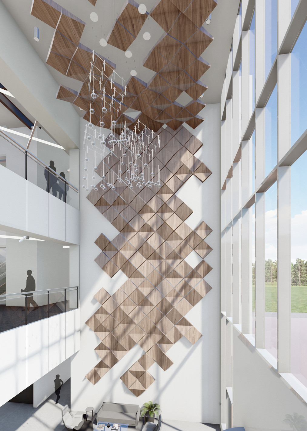 Triple height atrium with windows, left, and walkways, right. Abstract wall detail of square wood panels on wall and ceiling