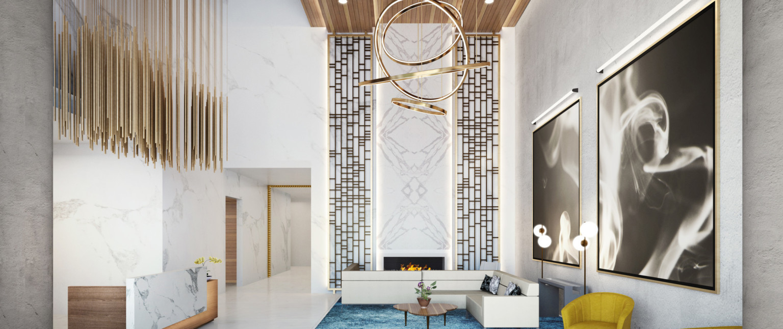 Lobby with wood reception desk with marble accent. Couch by fireplace in white room off marble hallway. Gold sculptures hangs