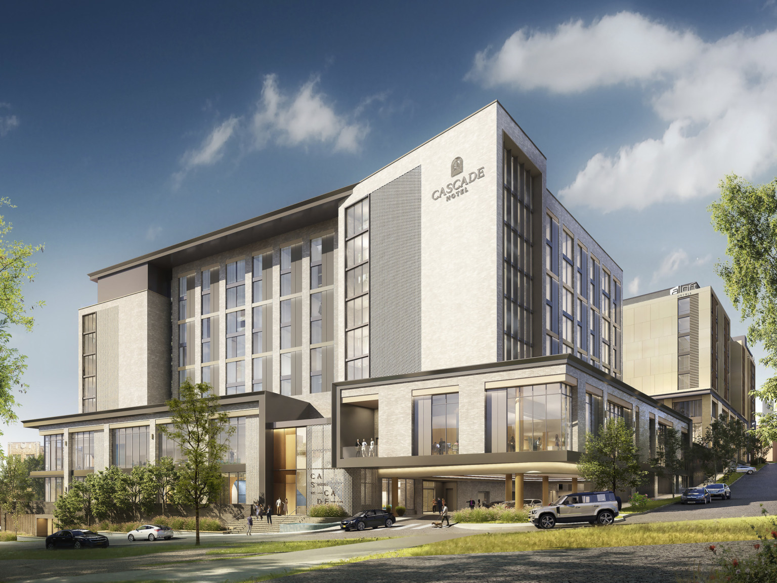 Exterior rending of the Cascade Hotel with double height window lobby. A grey, angular building