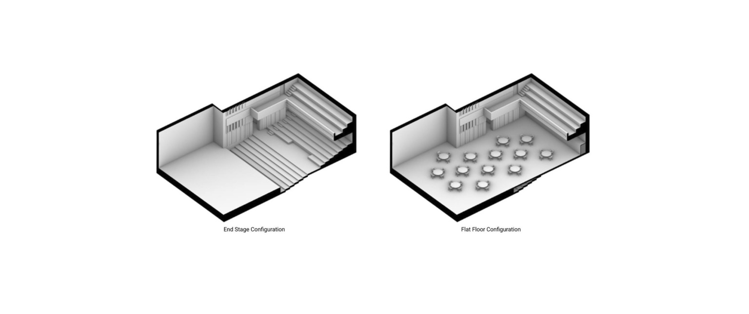 2 architectural diagrams showing the theater with stage (left) and when proscenium has been extended to create a flat surface