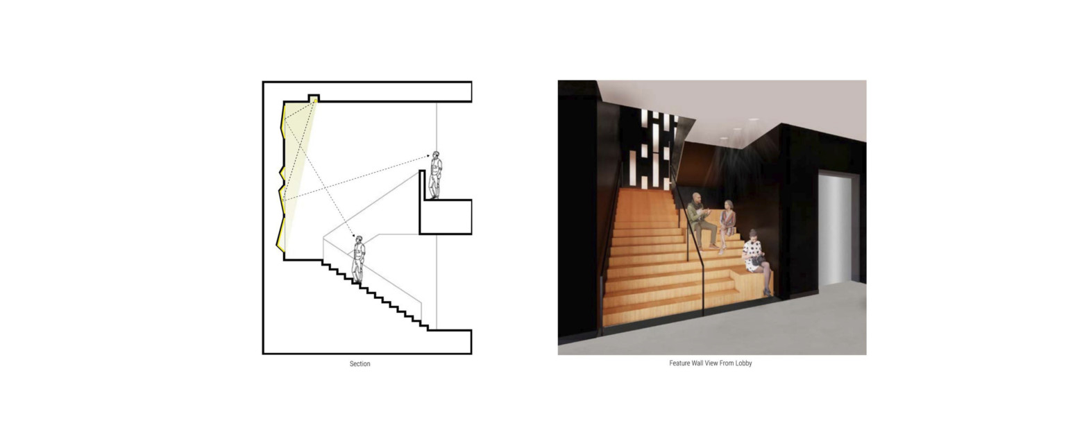 Architectural diagram (left) with rendering (right) of feature wall with light panels in stairwell
