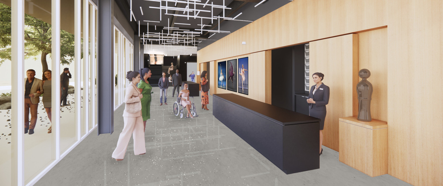 Rendering of interior corridor with floor to ceiling windows and black walls with wood details, and gallery space
