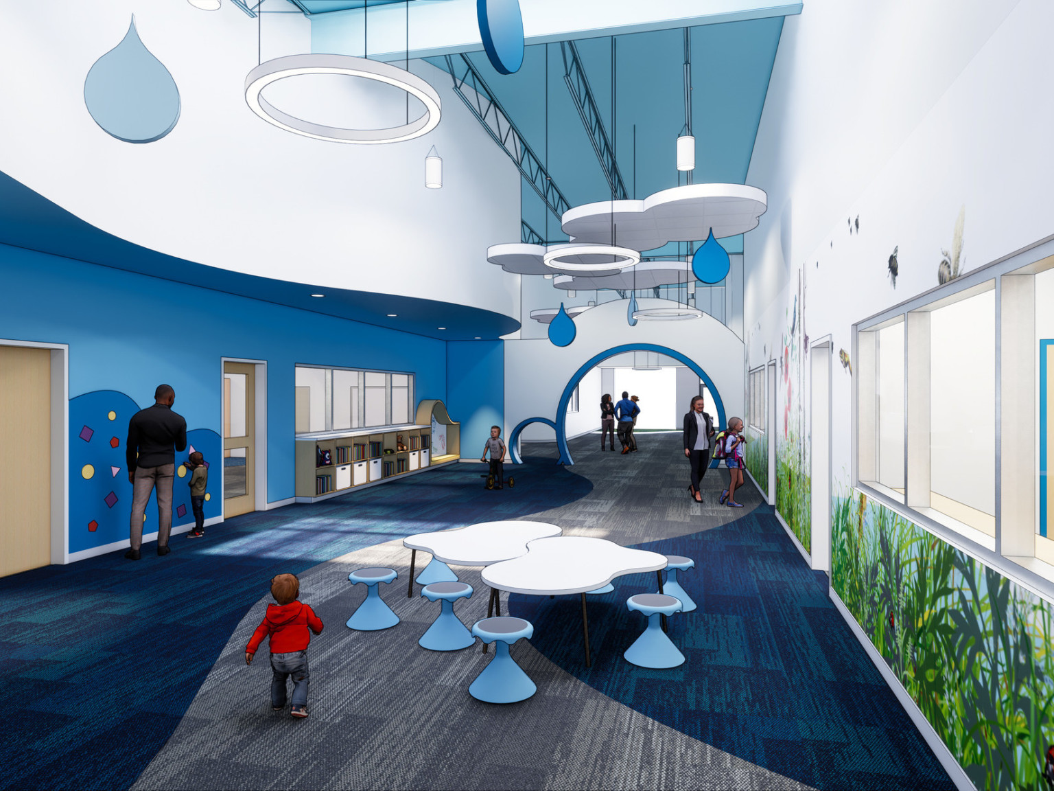 high blue ceilings and blue carpet with suspended cloud and raindrop ceiling elements