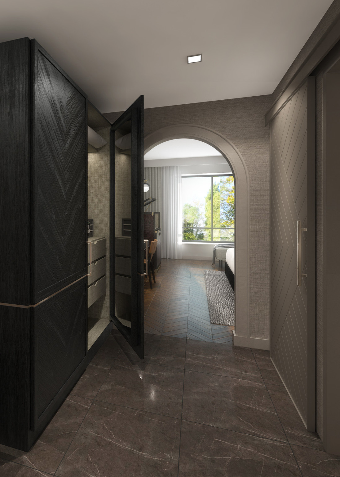 Entry hallway into guest room with arched doorway divider. Black wood cabinet with 1 door open, revealing full length mirror