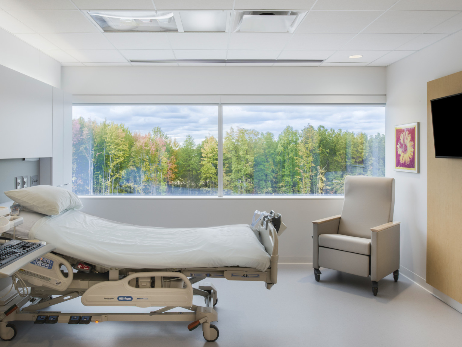 Hospital bed reclined in front of large window with views of trees. An arm chair faces the bed at the foot