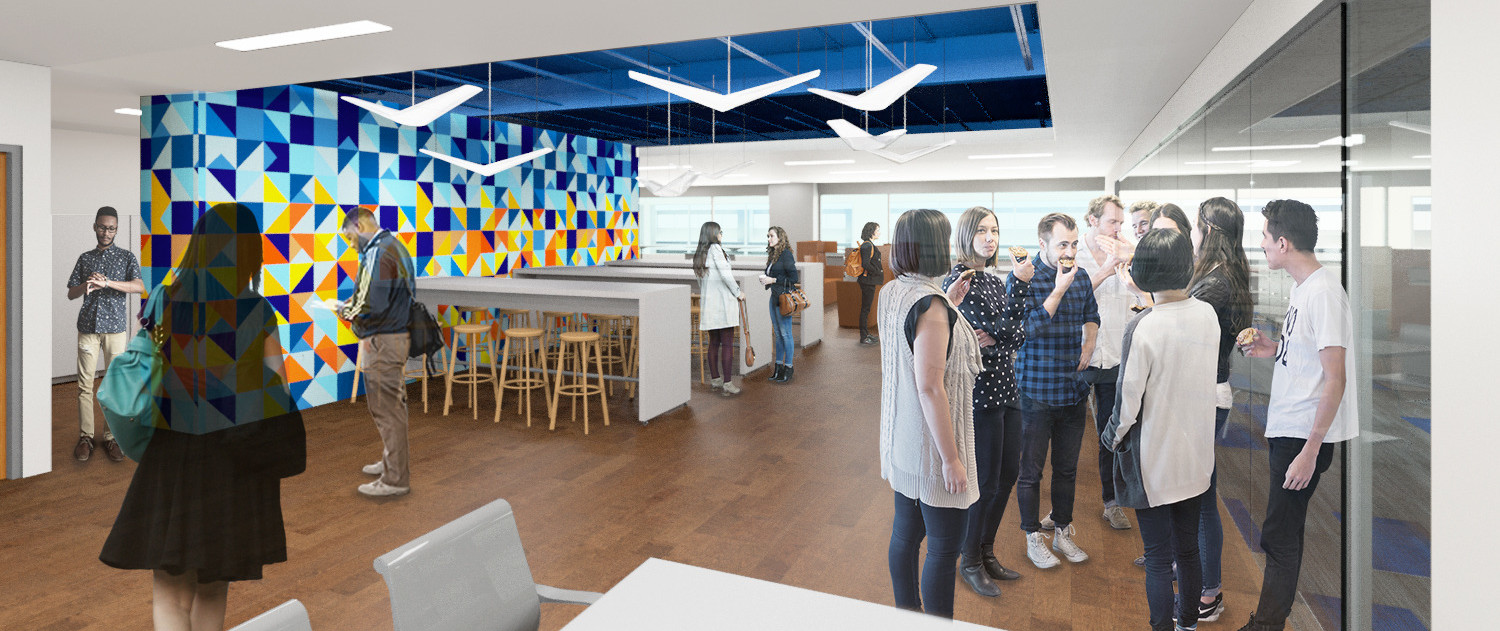 White room with angular lights hanging from blue recessed ceiling detail over colorful geometric mural, left, and dining area