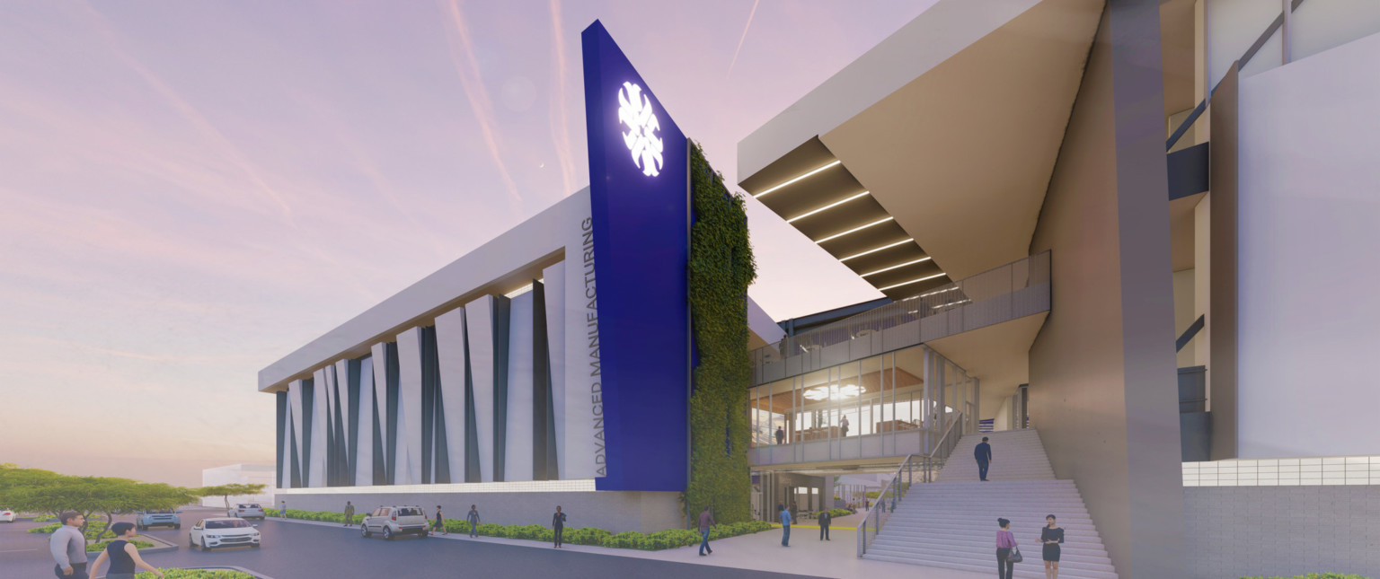 Rendering of second floor entry with stairs from ground. Left, extending blue wall with ivy and illuminated logo and signage