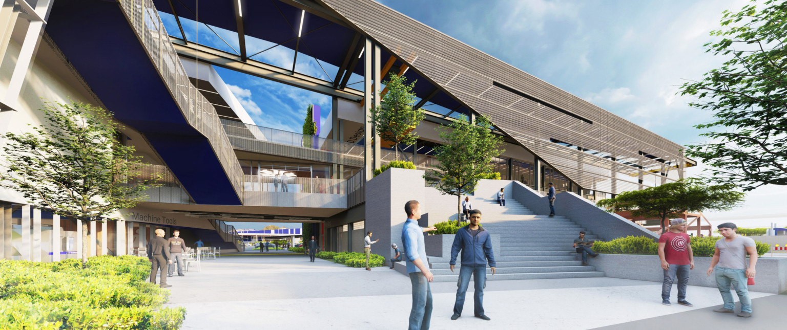 Rendering of back building exterior, wide staircase leads to second floor walkways over courtyard with seating space