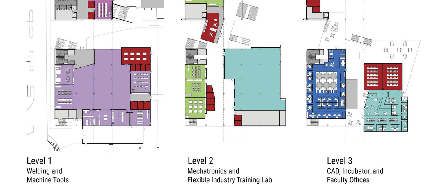 Blueprints of building levels with areas color coded and labeled below