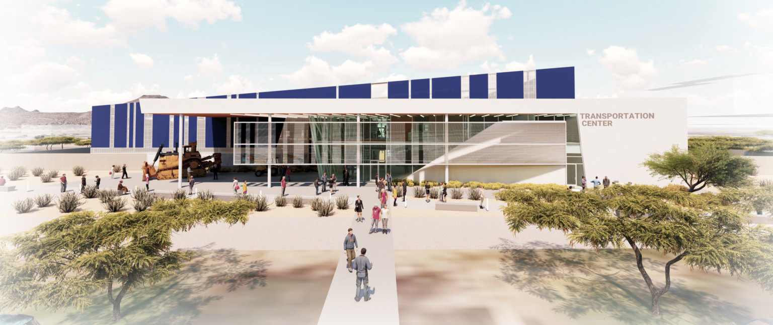 Rendering of building entrance. Signage on white overhang wall reads Transportation Center. Translucent shade over glass wall