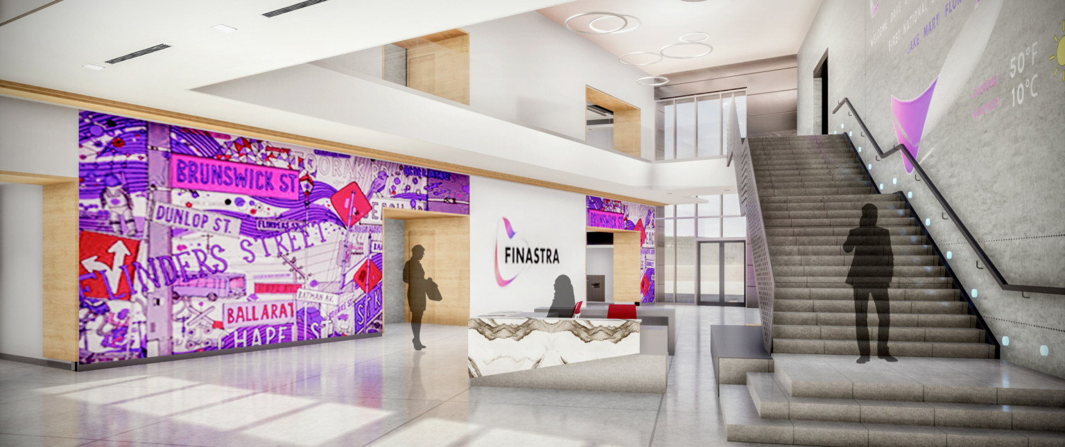 Finastra Headquarters addition rendering. Double height entry with marble reception desk, stone stairs, and bright mural