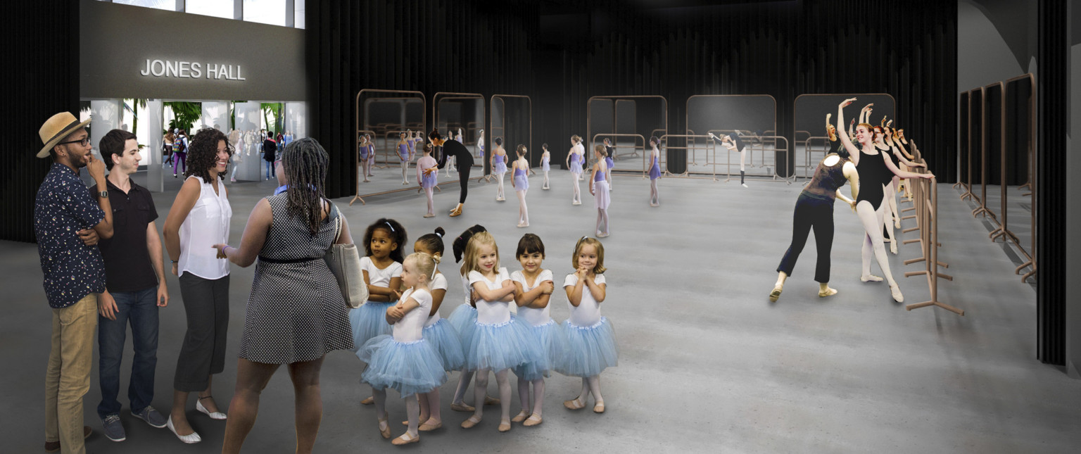Rendering of a black room lined with standing mirrors and ballet barres where dance students practice throughout