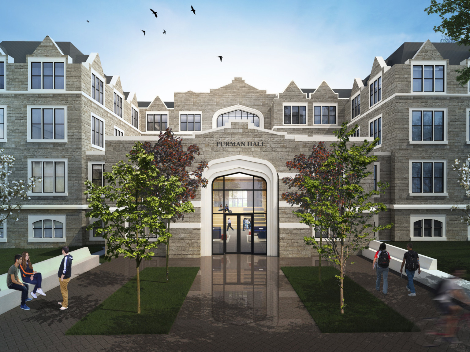 Rendering of entry to Purman Hall, a 4 story stone building with double height lobby entrance. Seating in courtyard walkway