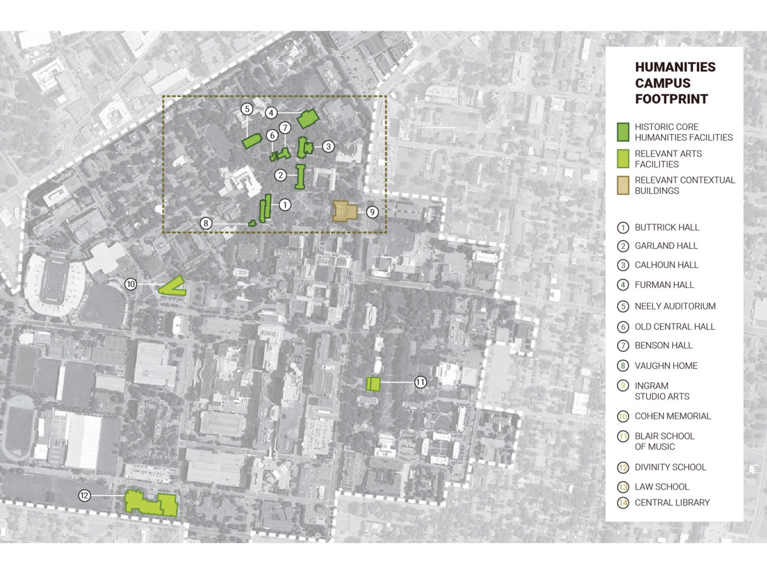 Map of site with color coding for humanities, arts, and contextual buildings, a legend on right side with building details