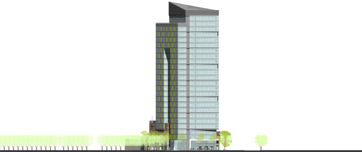 Rendering of the side of the building with recessed section center front. Grey angled roof on back section