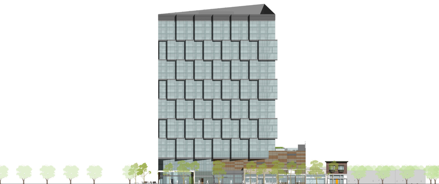 Rendering of back of building. Angled stepped wall in 3 story layers with brown wall section and 4th floor balcony at right