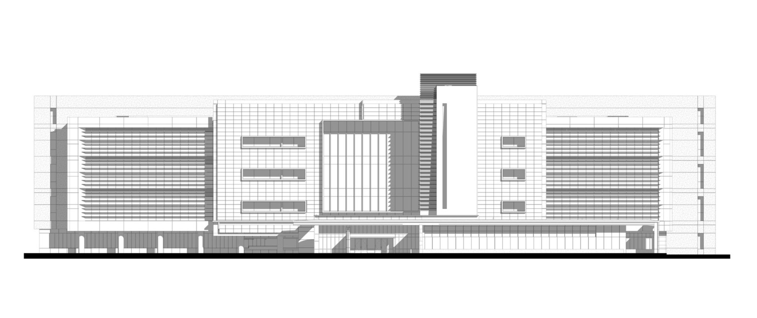 Black and white shaded line rendering of the front of the building