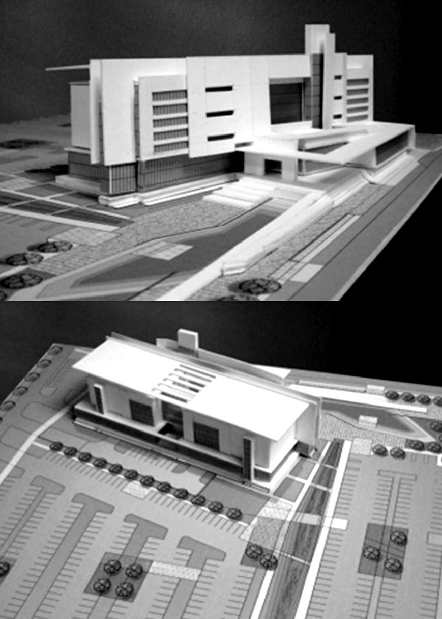 Black and white rendering of building model on 2 dimensional landscape. The building front is shown top, back on the bottom