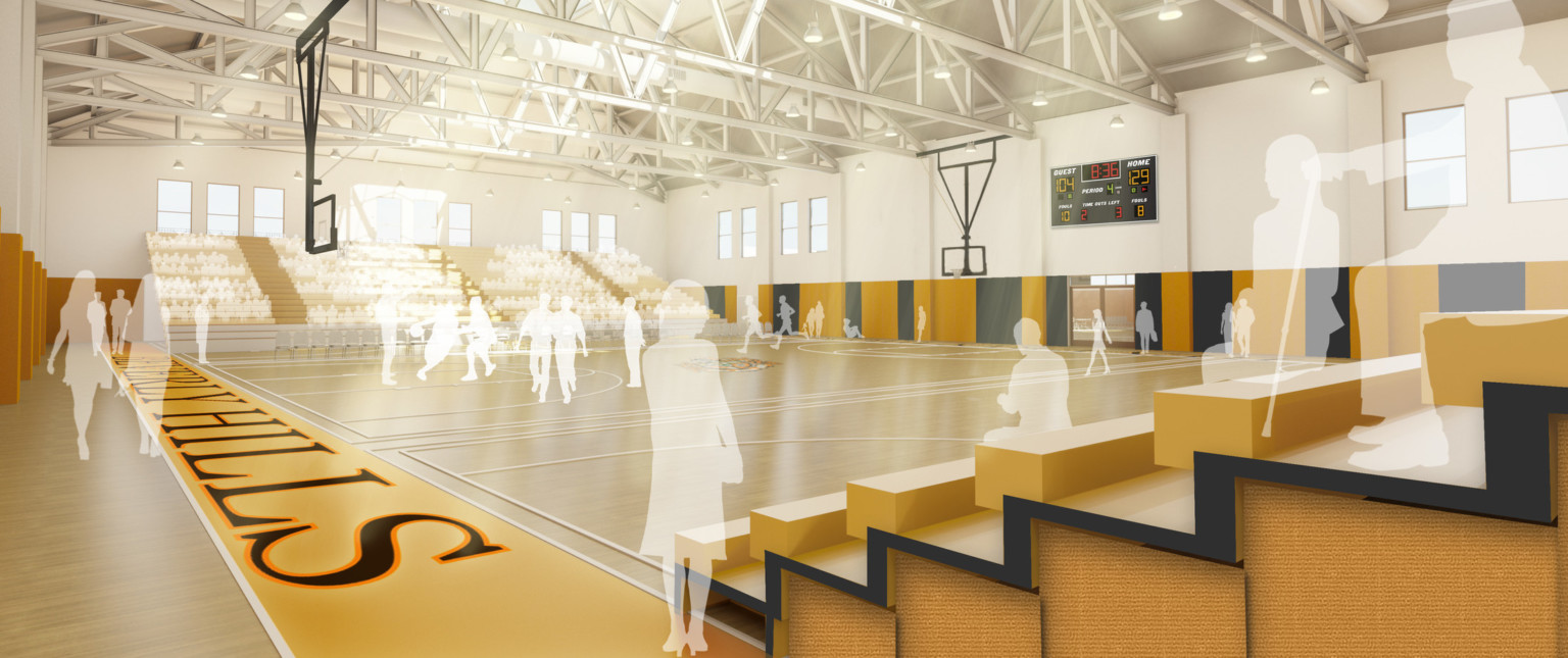 Gymnasium rendering with white translucent figures. Wood floor gym with basketball court center, padded blue and yellow wall