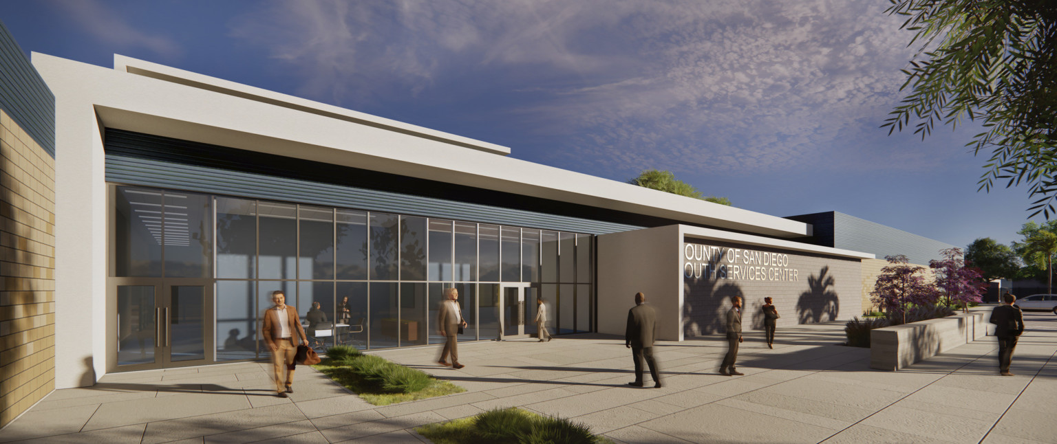 Rendering of front entrance with double height windows. Wall, right, with County of San Diego Youth Services Center sign