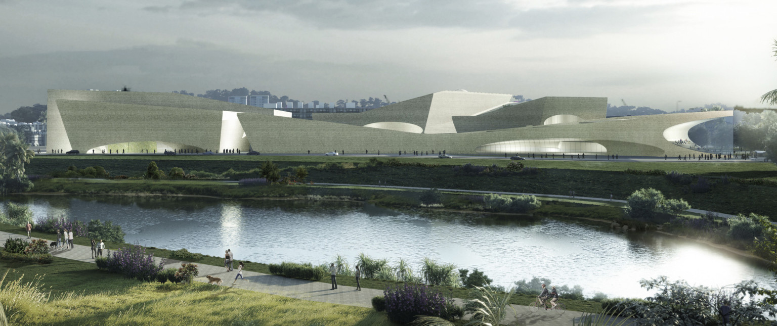 Rendering of wide white building with angular slopes and wide arching windows viewed from across the river