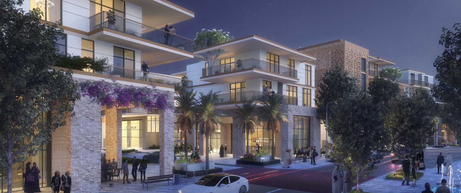 Double height glass 1st floor with stone column facade below apartments with wrapping corner balconies Double height glass 1st floor with stone column facade below apartments with wrapping corner balconies