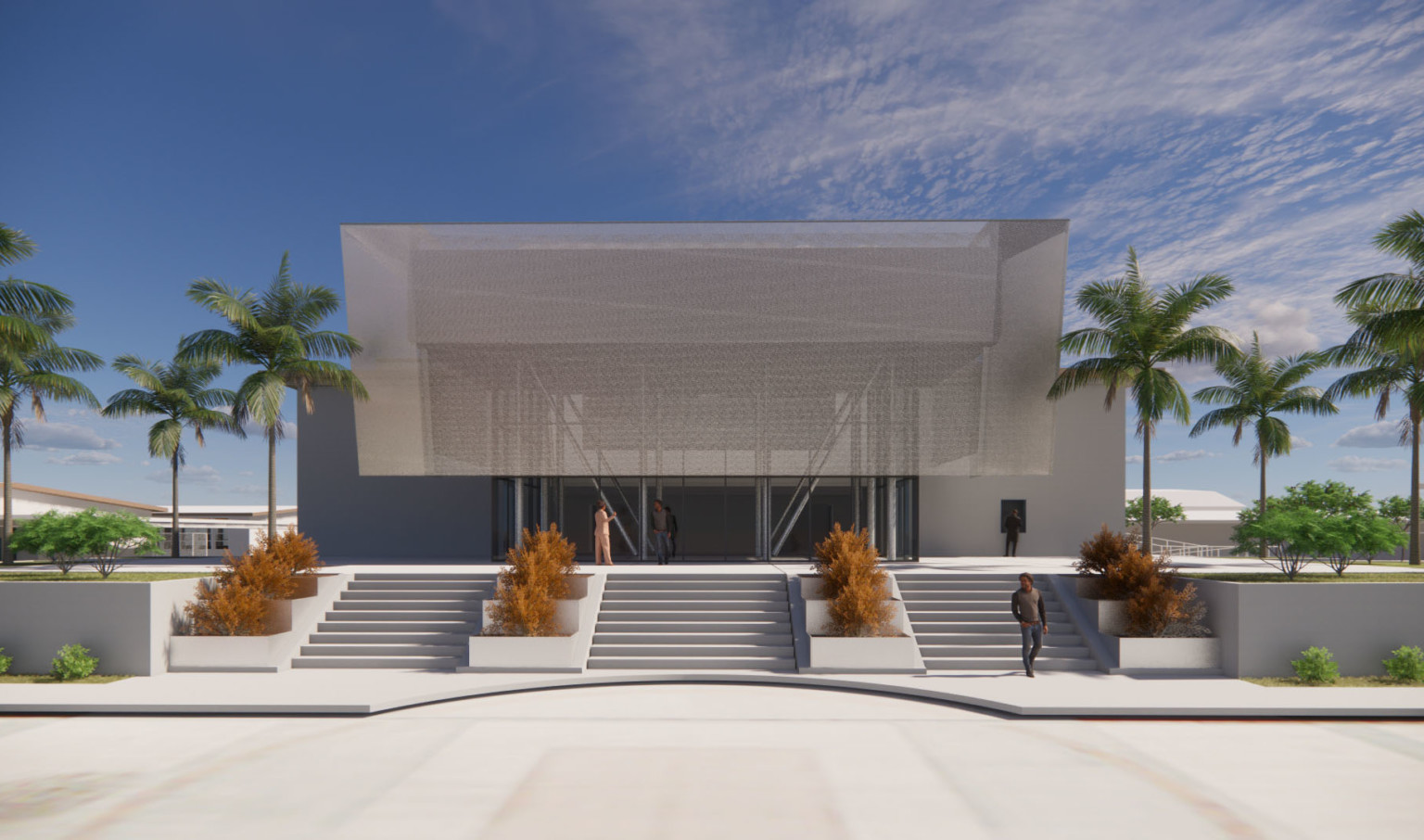 rendering of a symmetrical gray building with a metallic transparent volume at the top of stairs and concrete planters
