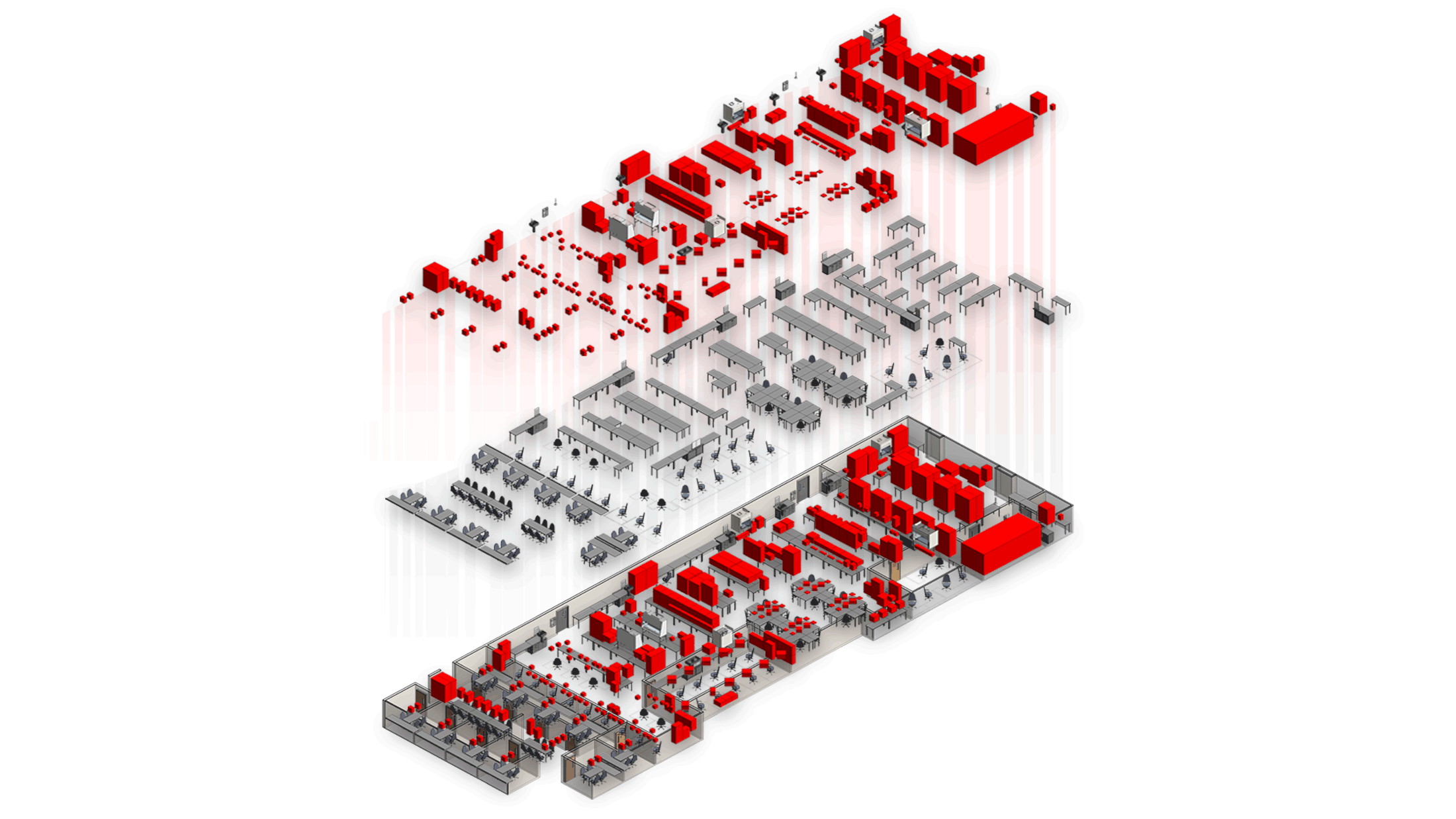 three axonometric transparent views of a single level views with details highlighted in red and gray