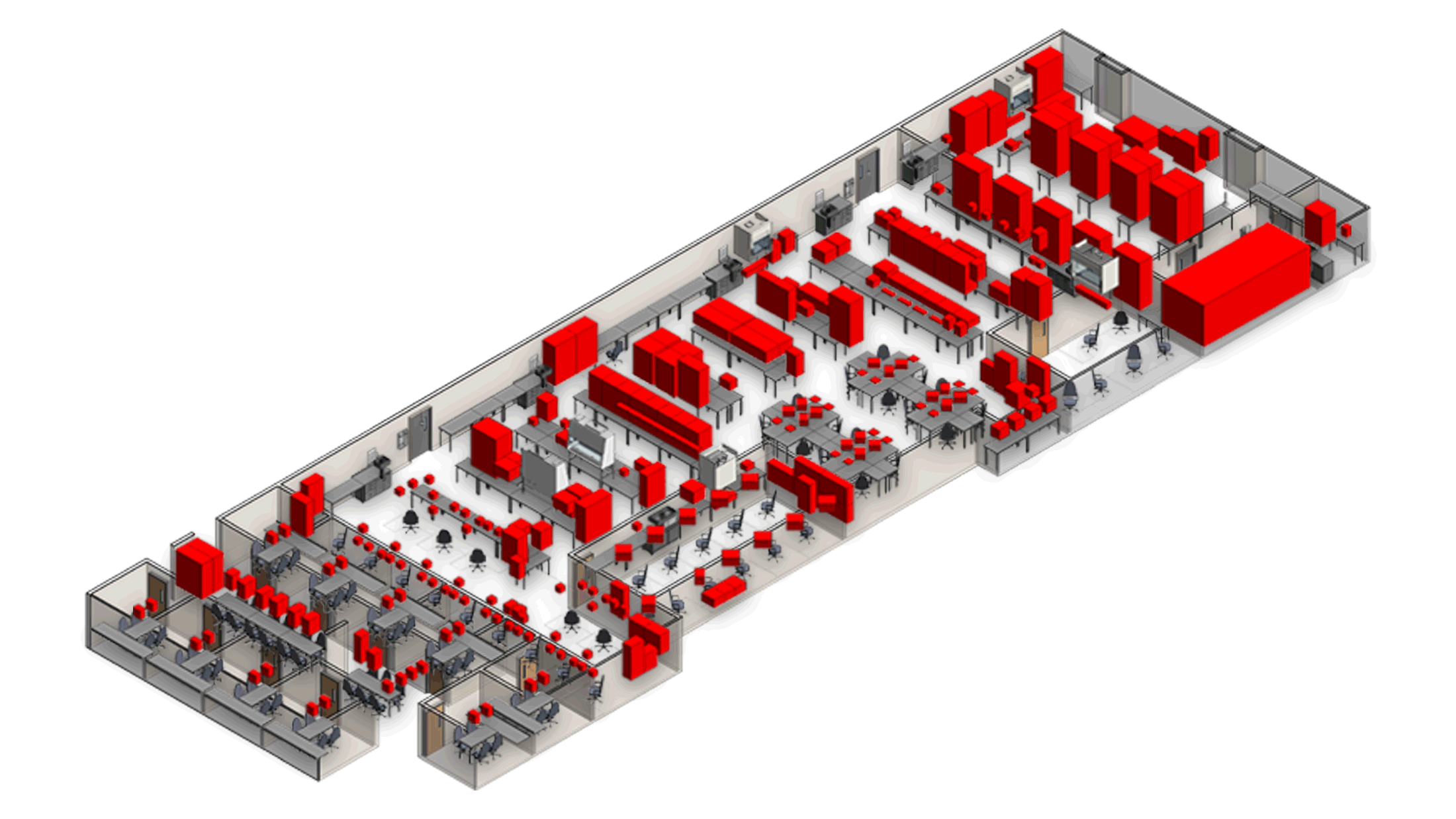 a drawing of an axonometric floor plan of a laboratory building concept with details in red and gray
