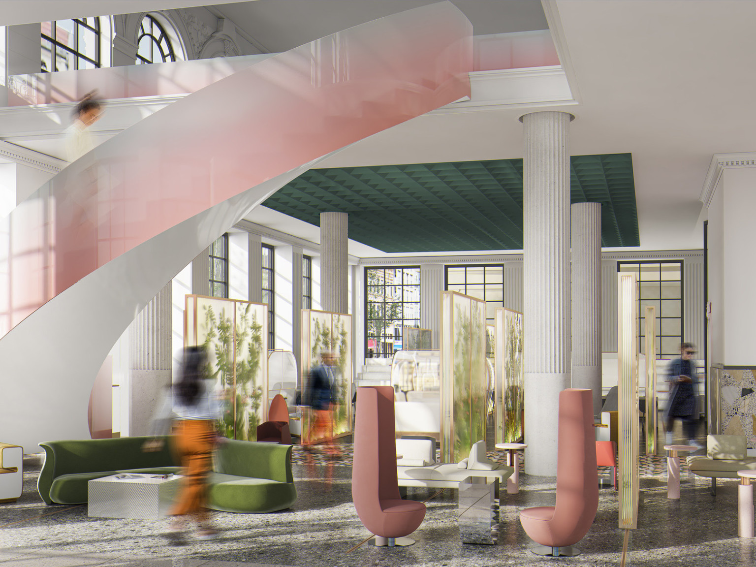 colorful and bright hotel lobby with millennial pink chairs and accent on spiral staircase, and partitions with plant designs