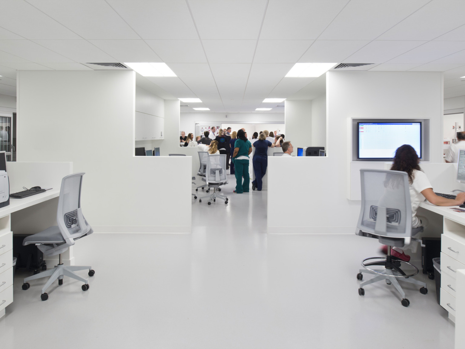 medical professional collaborating and working in a symmetrical white office with desks along both sides