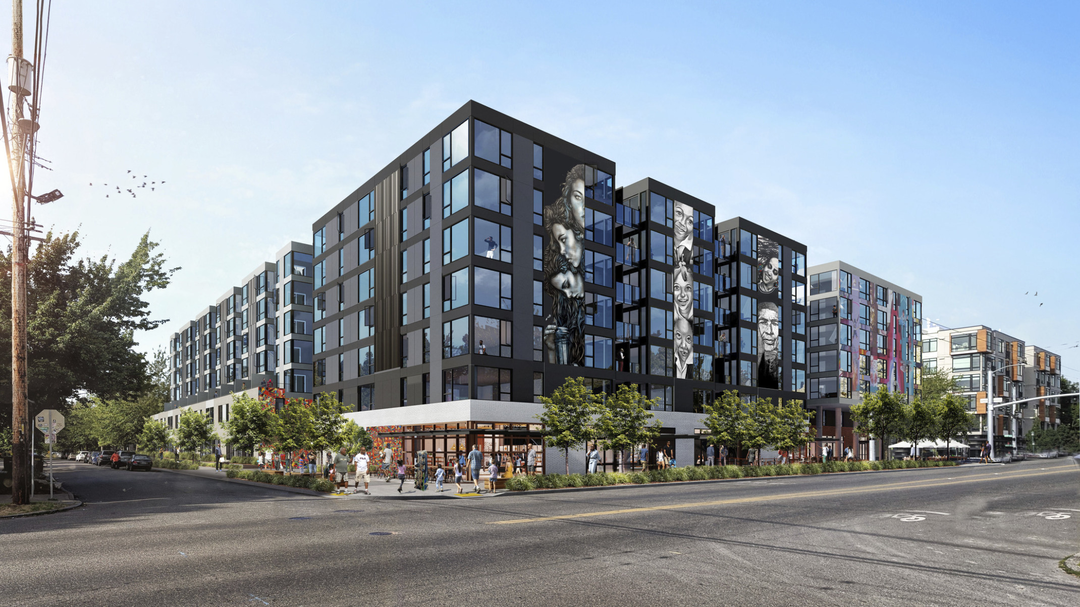 Mid rise building with black facade and glass frames divided by monochromatic murals. Streets active with people and trees. Mid rise building with black facade and glass frames divided by monochromatic murals. Streets active with people and trees.