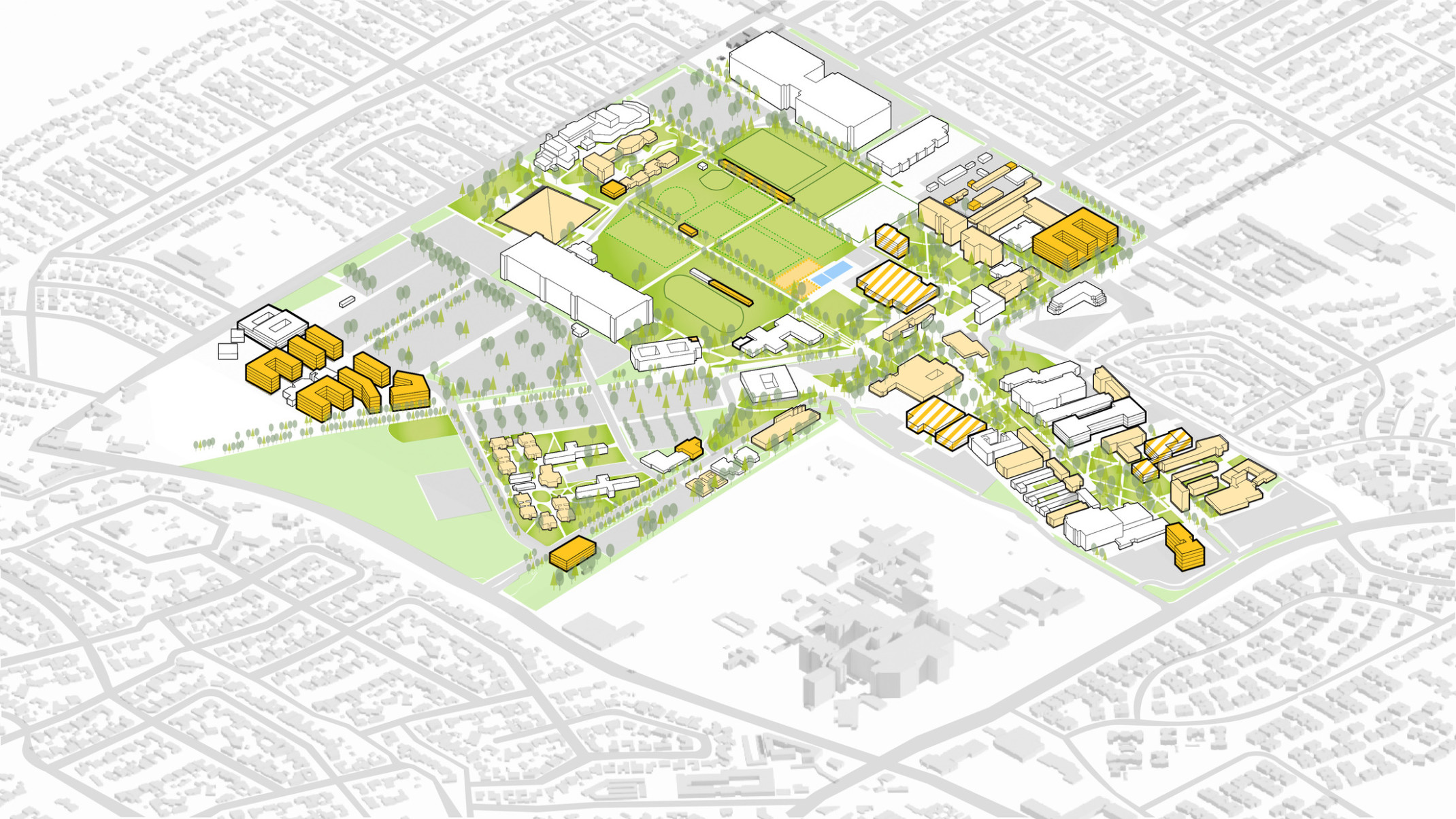 California State University Long Beach, animated aerial map, green space, building models, future planning, campus vision plan, higher education, phased construction, wellness