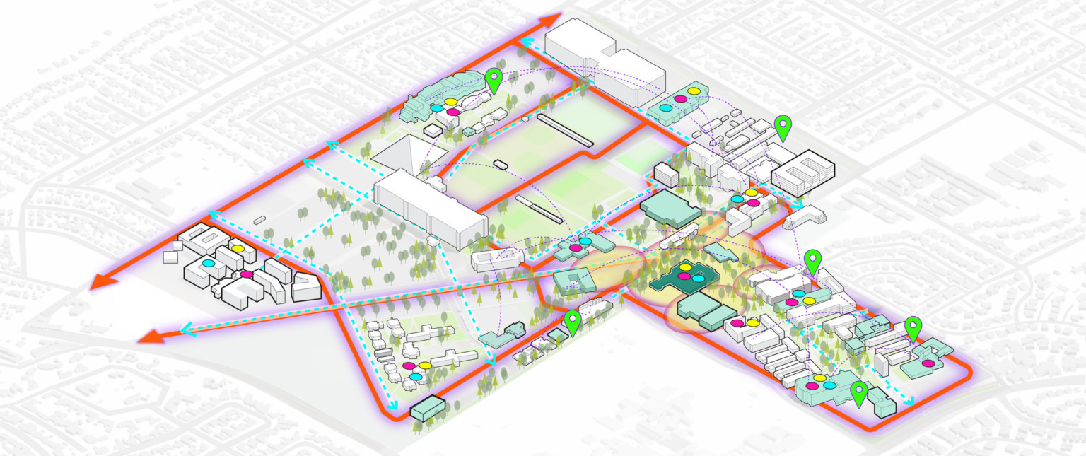 A map image of a California State University Long Beach campus building with throughways highlighted in red and purple.