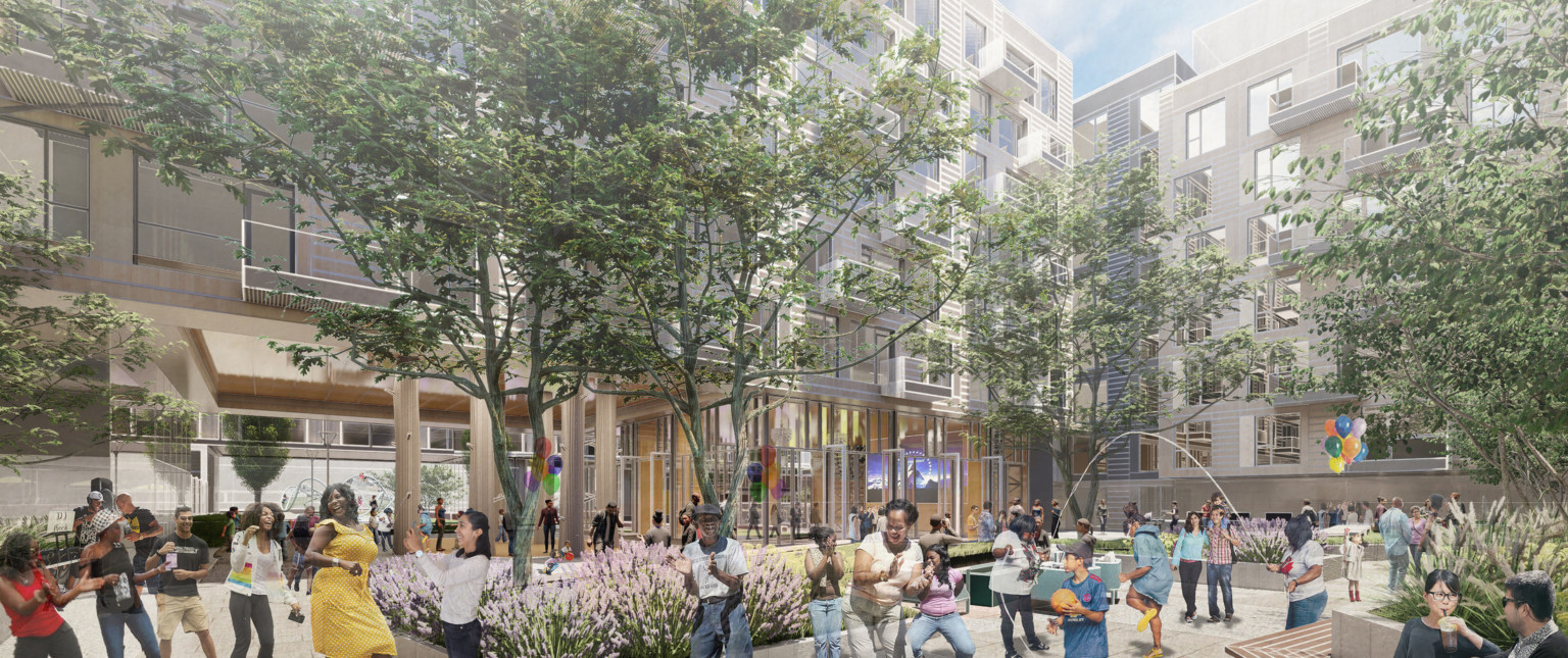 Courtyard surrounded by mixed use housing with floor to ceiling windows on 1st floor and paneled upper levels with balconies